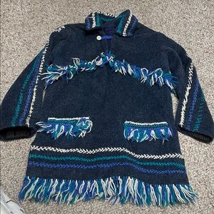 Vintage 70s 100% wool outer Fringed Navy Jacket with contrast stitch accent